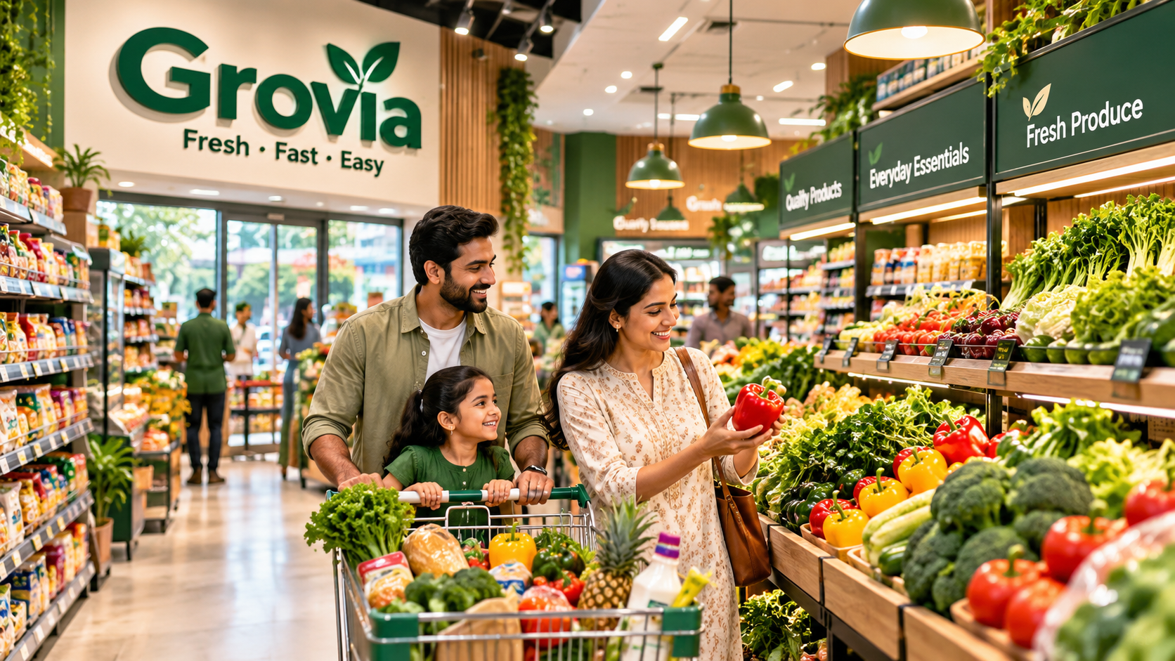 GROVIA Retail's vision of a modern neighbourhood grocery store offering fresh products, quality essentials, affordable prices, and a convenient shopping experience.