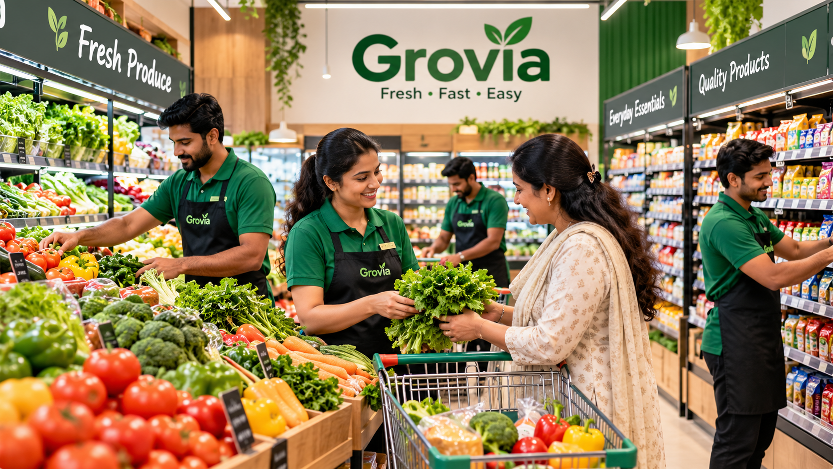 Illustration of a modern GROVIA supermarket where friendly staff assist customers with fresh vegetables and everyday groceries, representing customer trust, quality, teamwork, and community values.
